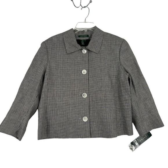 Lauren Ralph Lauren 100% Linen Blazer Jacket Button Up Black White Plaid Size 16 - Picture 1 of 11